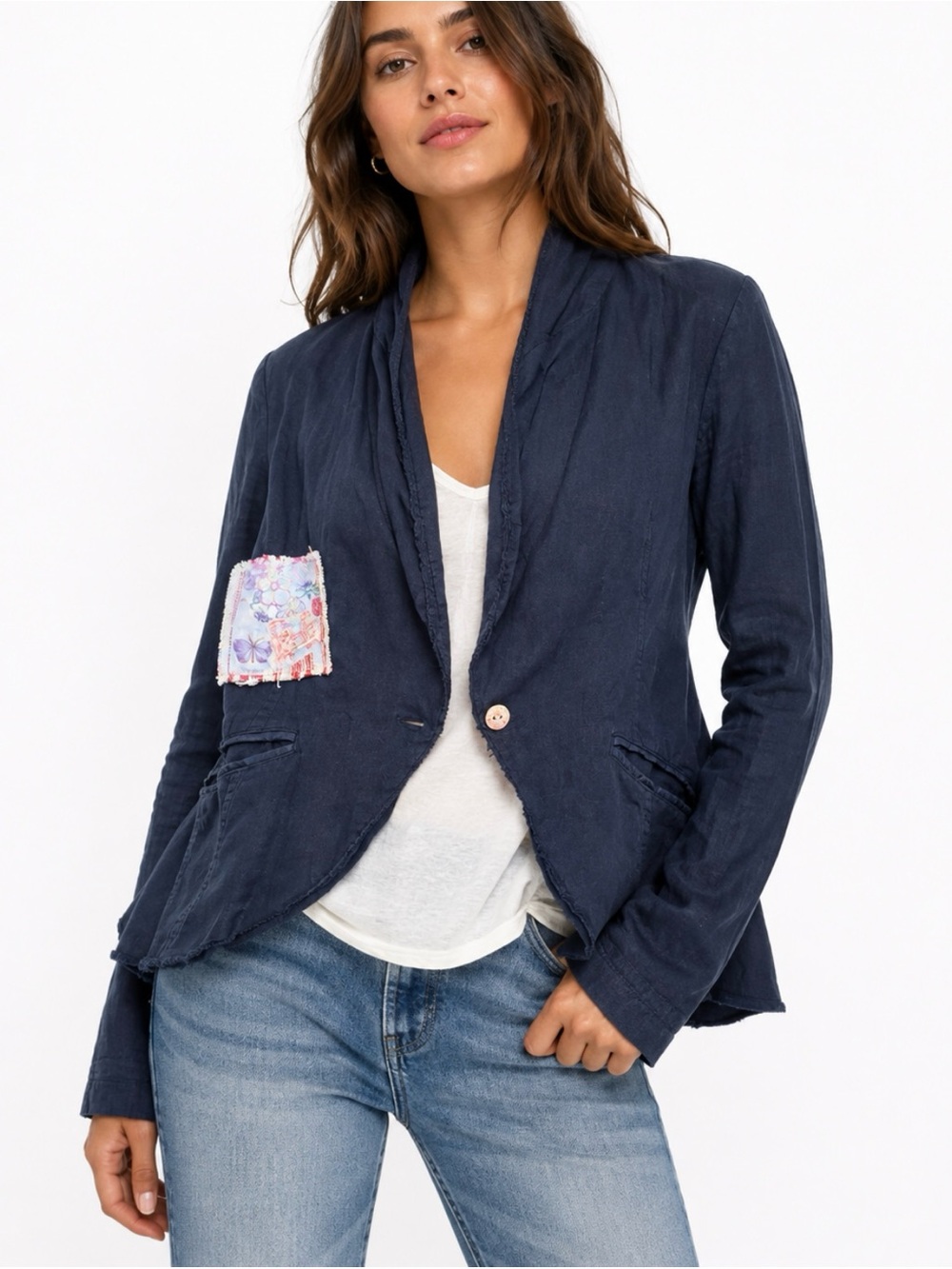Free People Black Patchwork Floral Linen One-Button Raw Hem Lightweight Jacket